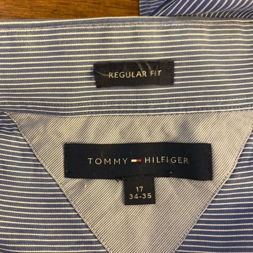 Tommy Hilfiger Size 17 34-35 Blue & White w/Stripes Long Sleeve Dress Shirt
